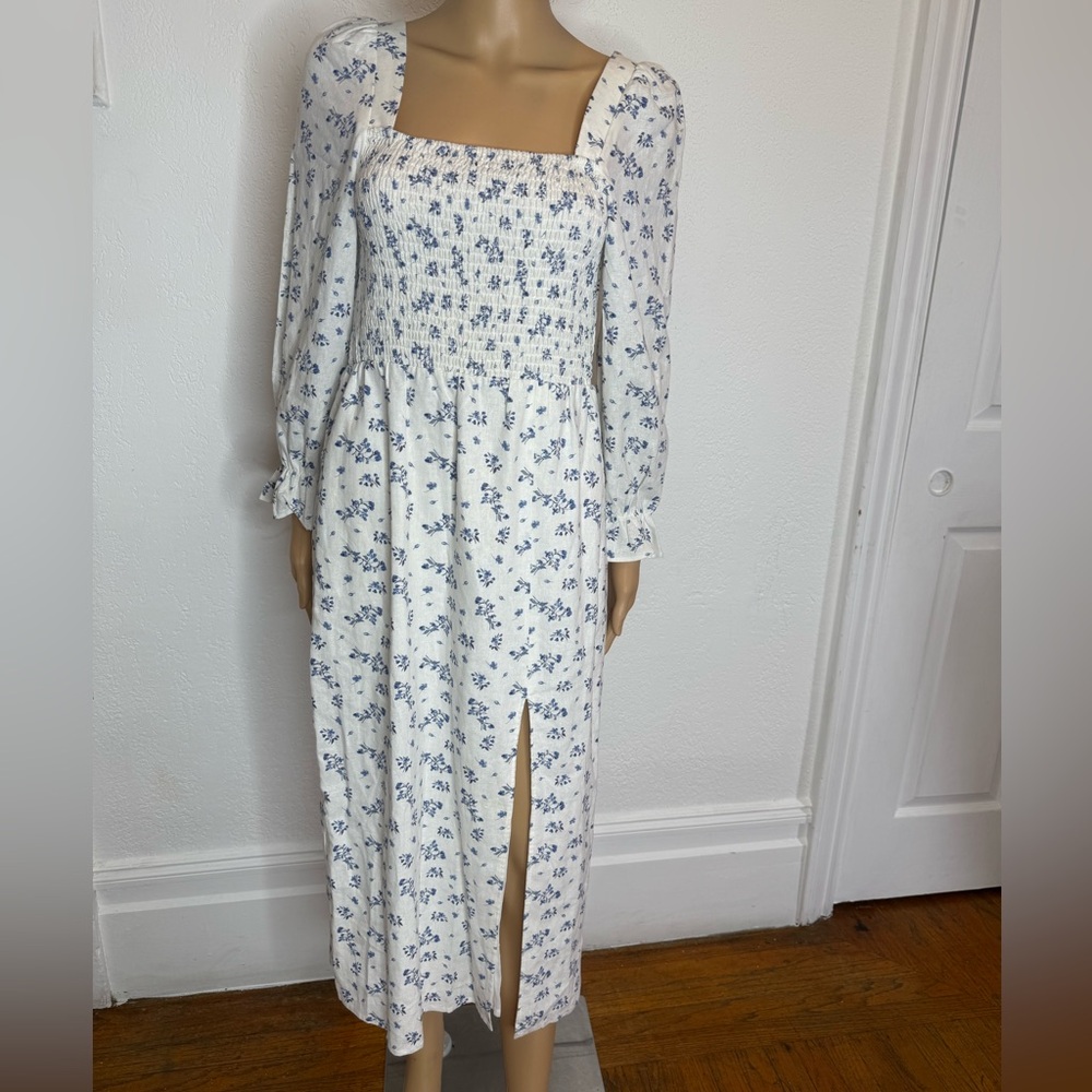 🆕 House Of Harlow 1960 Linen Size S Dress Smocked Bodice Front Slit Beachy - Picture 2 of 9